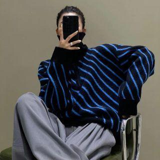 Diagonal-stripe High-neck Knit Sweater