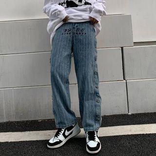 Letter Embroidered Striped Tapered Jeans