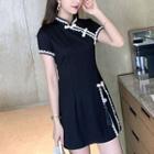 Short-sleeve Contrast Trim Qipao Dress + High-waist Plain Skirt