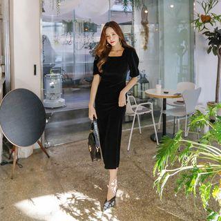 Elbow-sleeve Velvet Pencil Dress