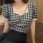 Puff-sleeve Square Neck Plaid Lace Trim Chiffon Crop Top