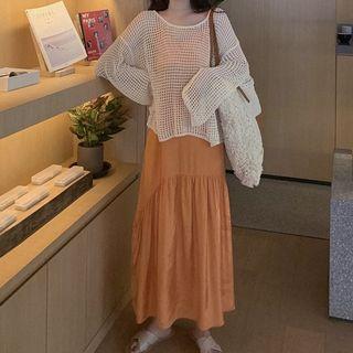 V-neck Midi Spaghetti Strap Dress / Long-sleeve Knit Top