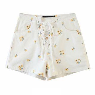 Floral Embroidered Lace-up Shorts