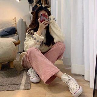 Pom Pom Sweater/ Corduroy Wide Leg Pants