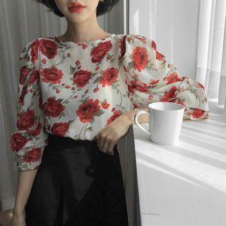Tie-back Puff-sleeve Rosette Blouse