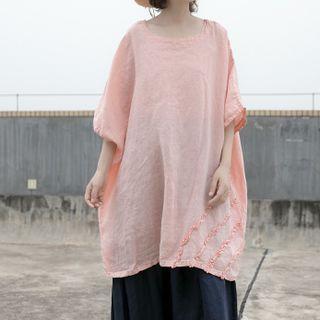 Elbow-sleeve Ruffle Blouse Pink - One Size