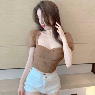Puff-sleeve Shirred Cropped T-shirt