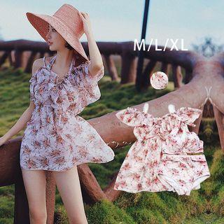 Set: Floral Print Off-shoulder Spaghetti Strap Swimdress + Bikini