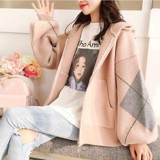 Argyle Pattern Knitted Zip-up Hoodie