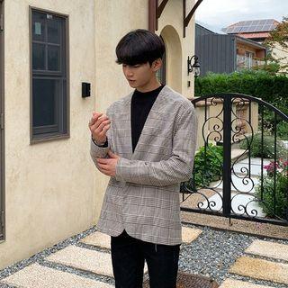 Collarless Glen-plaid Blazer