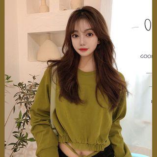 Long-sleeve Plain Drawstring Cropped Sweatshirt