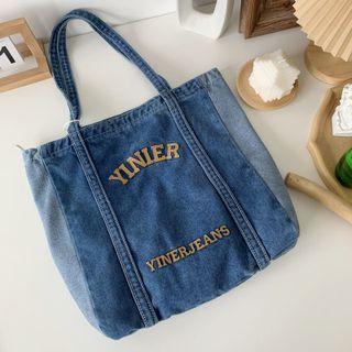 Lettering Denim Tote Bag Denim Blue - One Size