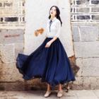 Set: Lace Elbow-sleeve Top + High Waist Midi A-line Skirt