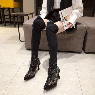 Pointed Rhinestone Chunky Heel Over-the-knee Boots