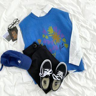Printed Knit Vest Blue - One Size