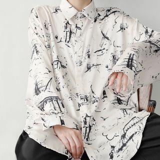 Asymmetric-hem Printed Long-sleeve Shirt