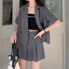 Short-sleeve Double-breasted Cropped Blazer / Wide Leg Shorts