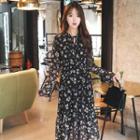 Tie-neck Frill-hem Floral Chiffon Long Dress