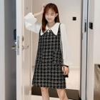 Set: Long-sleeve Blouse + Mini Tweed Pinafore Dress