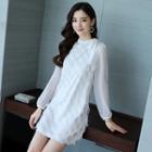 Long-sleeve Feather-accent Mini A-line Dress