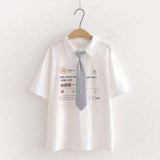 Set: Short-sleeve Lettering Print Polo Shirt + Striped Tie