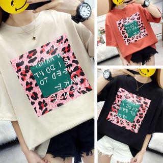 Elbow-sleeve Leopard Lettering T-shirt