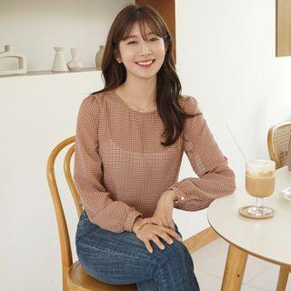 Keyhole-back Checked Blouse