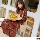 Floral Print Stand Collar Long Sleeve A-line Dress