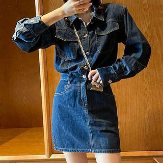 Pocket Long-sleeve Elastic-waist Denim Dress