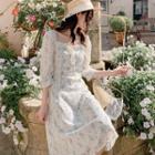 Square Neck Short Sleeve Floral Print Chiffon Dress