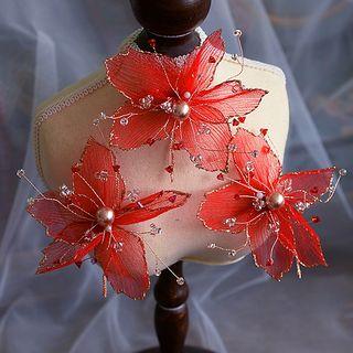 Set: Wedding Faux Pearl Flower Headpiece + Fringed Earring / Ring / Choker