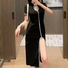 Short-sleeve Contrast Trim Midi Qipao Dress