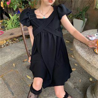 Puff-sleeve Buckled A-line Dress
