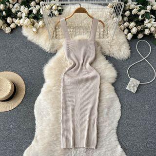 Suspender Square-neck Striped Knit Dress