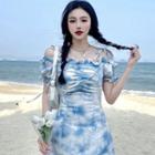 Tie-dye Off-shoulder Ruffled-hem Mini Dress