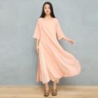 3/4-sleeve Midi A-line Dress Pink - One Size