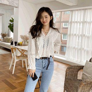 V-neck Frill-trim Laced Blouse White - One Size