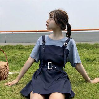 Mock Two-piece Elbow-sleeve Two-tone Mini Dress