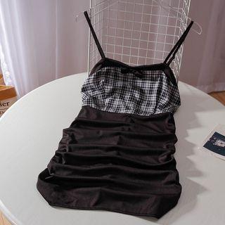 Spaghetti-strap Plaid Panel Mini Sheath Dress Dress - One Size