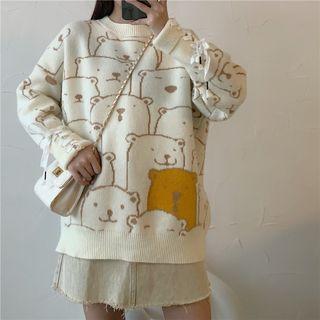 Long-sleeve Bear Printed Lace Up Sweater