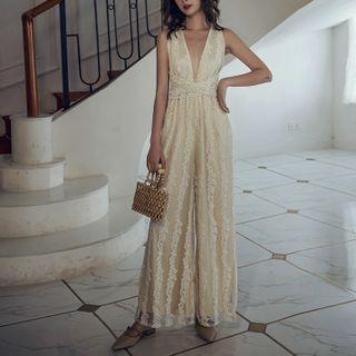 Sleeveless Cross-back Lace Wide-leg Jumpsuit