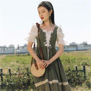 Short-sleeve Lace-up Frill Trim Midi A-line Dress