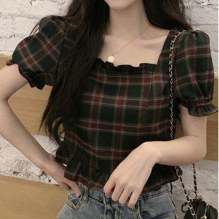 Puff-sleeve Plaid Frill Trim Cropped Blouse Plaid - Green & Red - One Size