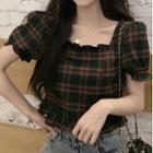 Puff-sleeve Plaid Frill Trim Cropped Blouse Plaid - Green & Red - One Size