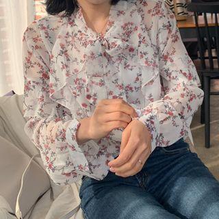 Floral Print Tie-neck Chiffon Blouse As Shown In Figure - One Size