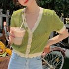 Short-sleeve Floral Embroidered Knit Top Green - One Size