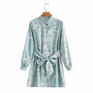 Tie-dyed Tie-waist Mini A-line Shirtdress
