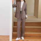 Set: Plain Single-button Blazer + Loose Fit Dress Pants