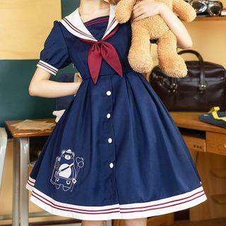Short-sleeve Sailor Collar Ribbon A-line Dress