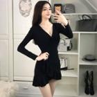 Long-sleeve V-neck Mini A-line Dress Black - One Size
